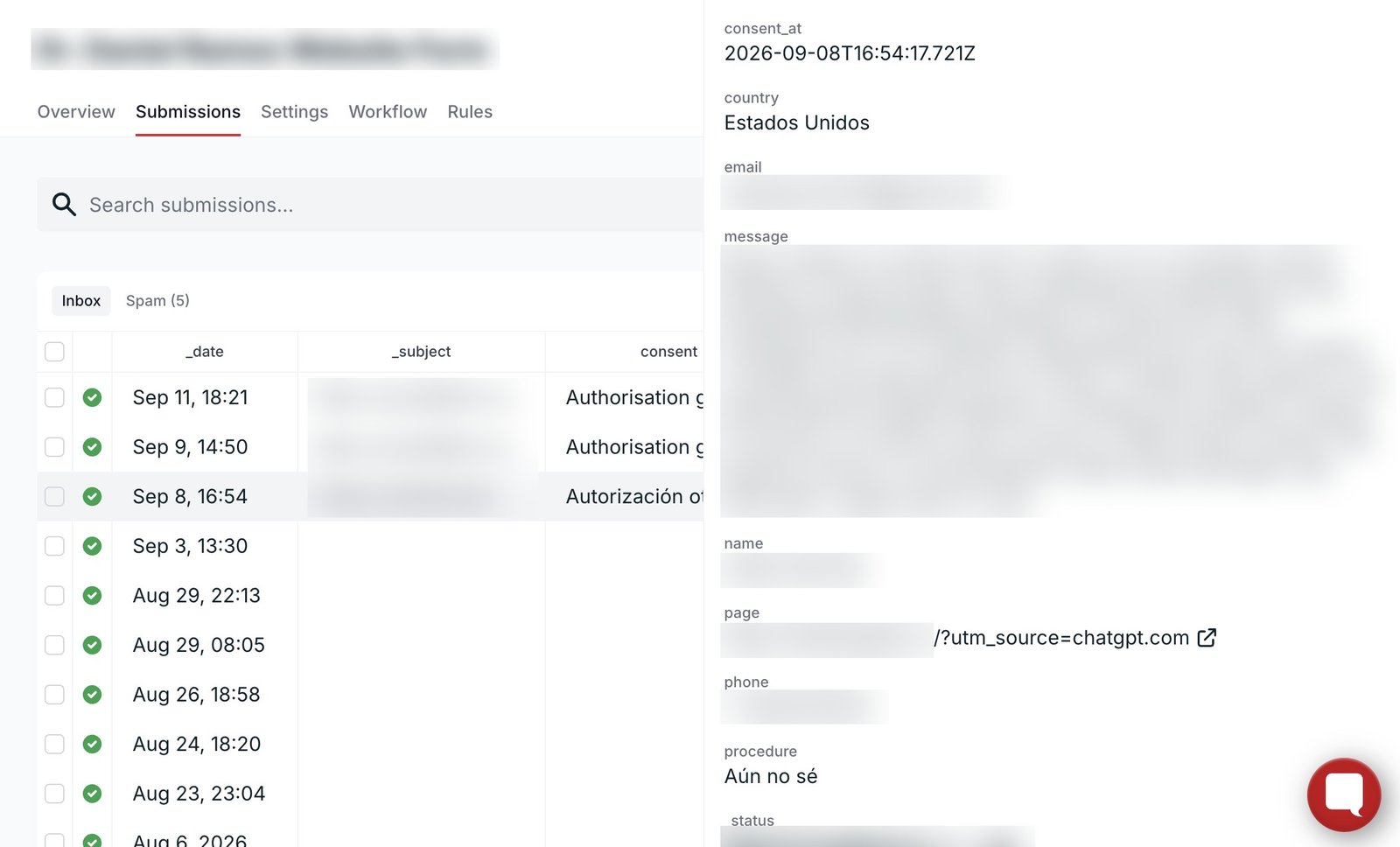 Consultation form submission with personal details blurred; the page field shows the URL ending in ?utm_source=chatgpt.com