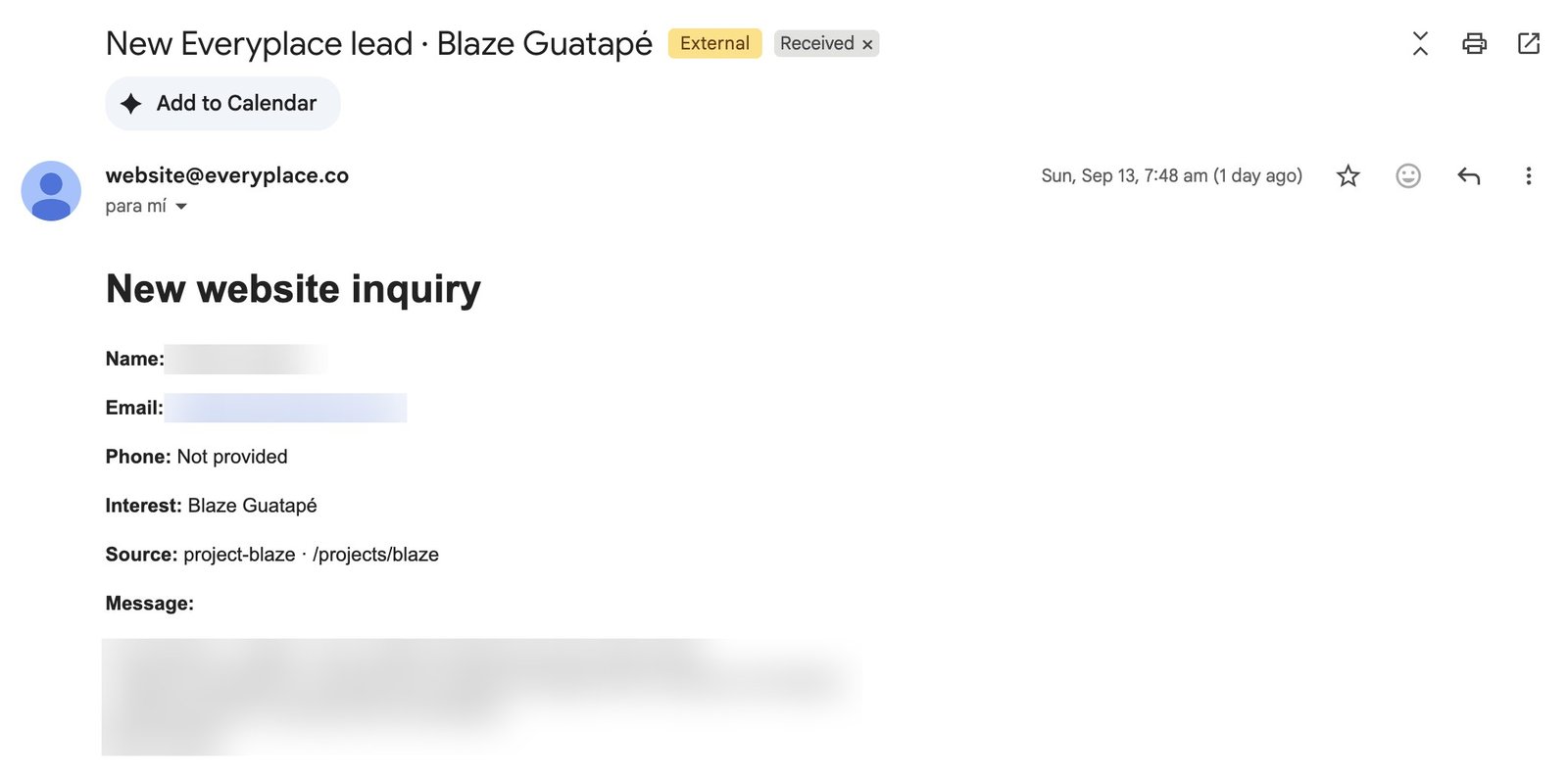 Website inquiry email: New Everyplace lead · Blaze Guatapé, sent from the project page, personal details blurred