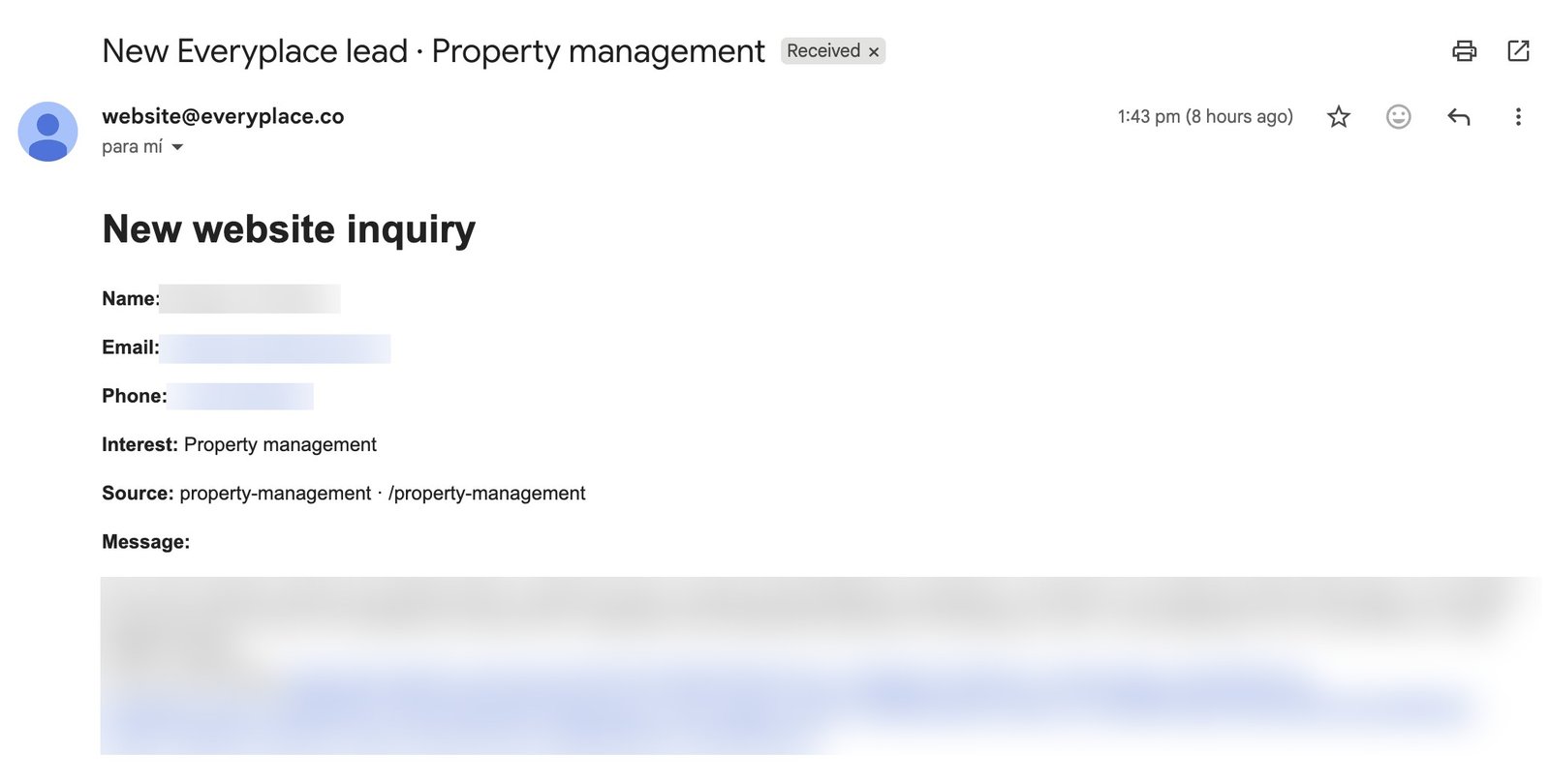 Website inquiry email: New Everyplace lead · Property management, sent from the property-management page, personal details blurred